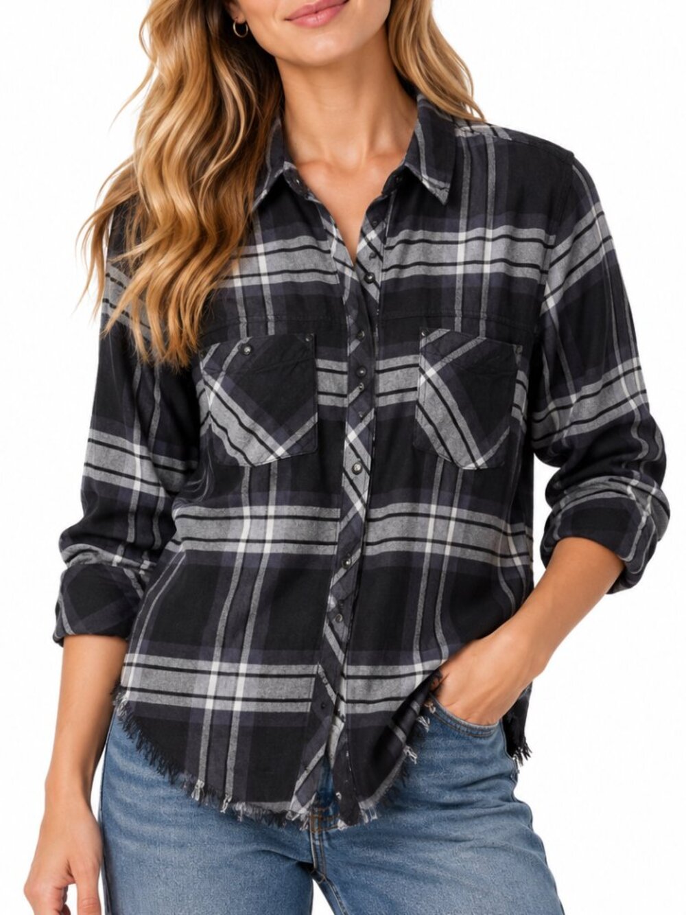 Rails Leo Black Gray Plaid Flannel Snap Front Raw Hem Shirt Size S